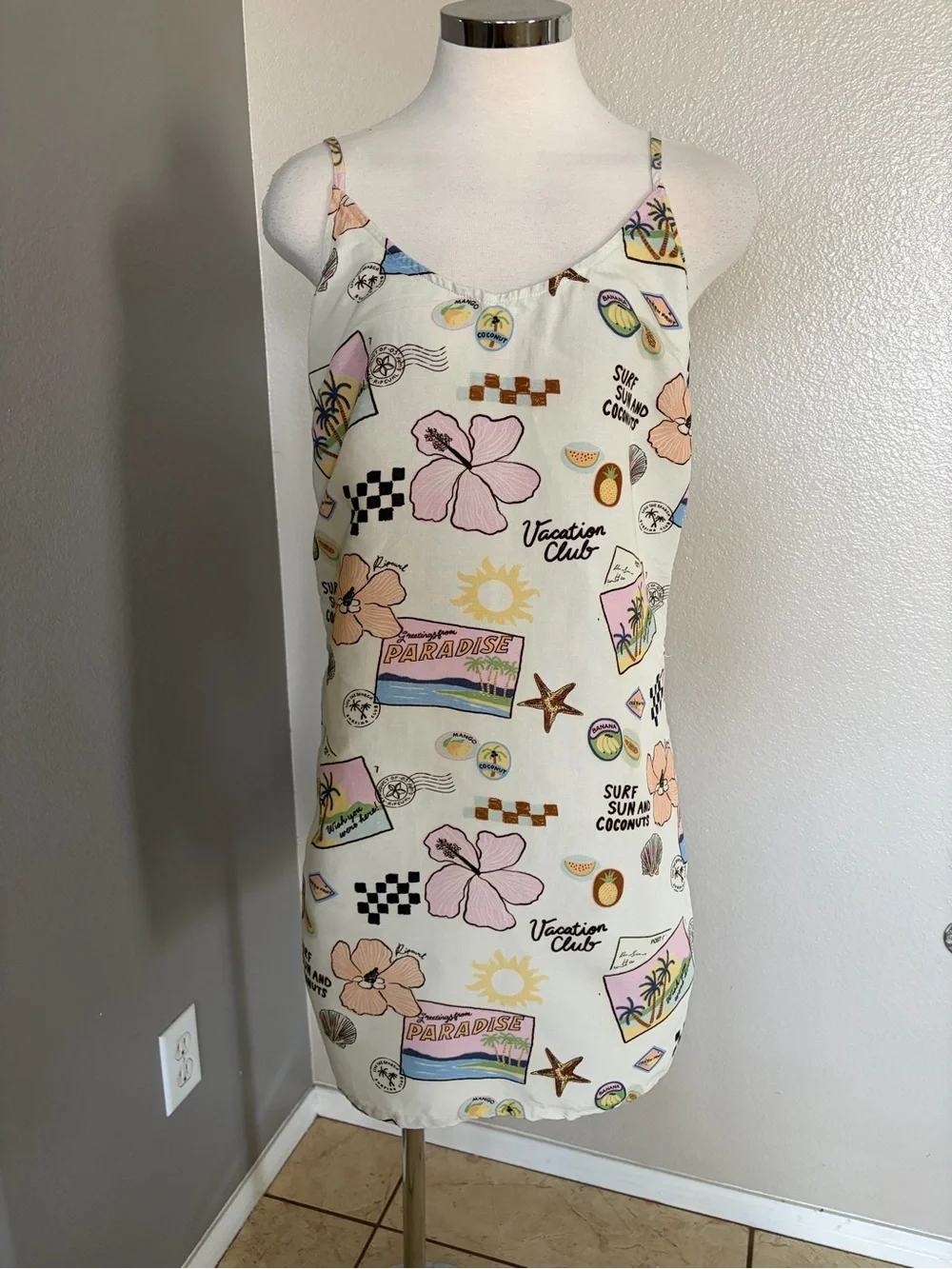 Rip Curl Cream Tropical Print Slip Dress